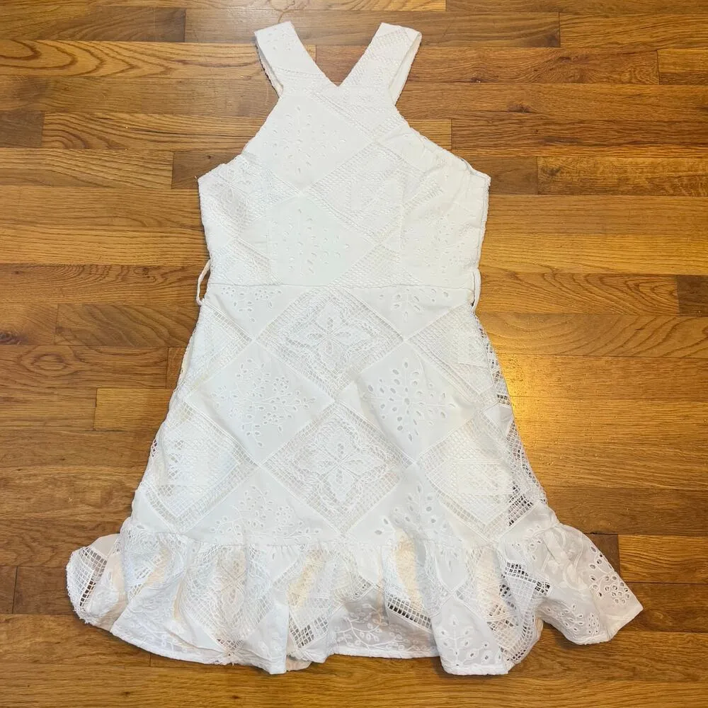 Ciebon Women Medium White Lace Patchwork Floral Criss Cross High Neck Mini Dress - Image 6