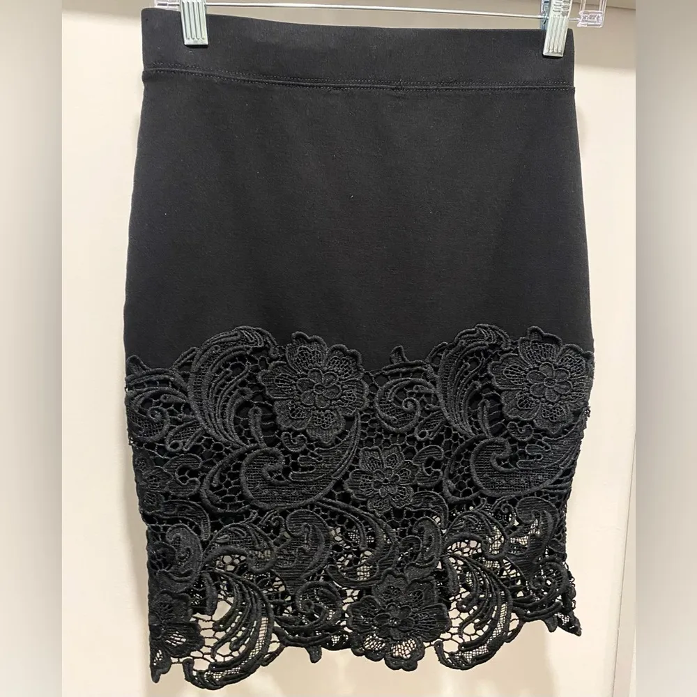 Haute Monde Black Lace Trim Mid-Length Knee-Length Bodycon Fitted Skirt - S - Image 5