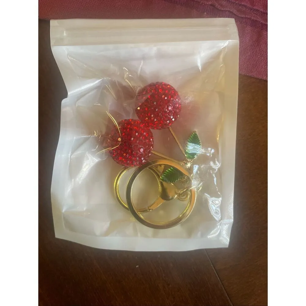 Red Cherry Rhinestone Keychain Sparkle Pendant Bag Charm Cute Accessory Red - Image 5
