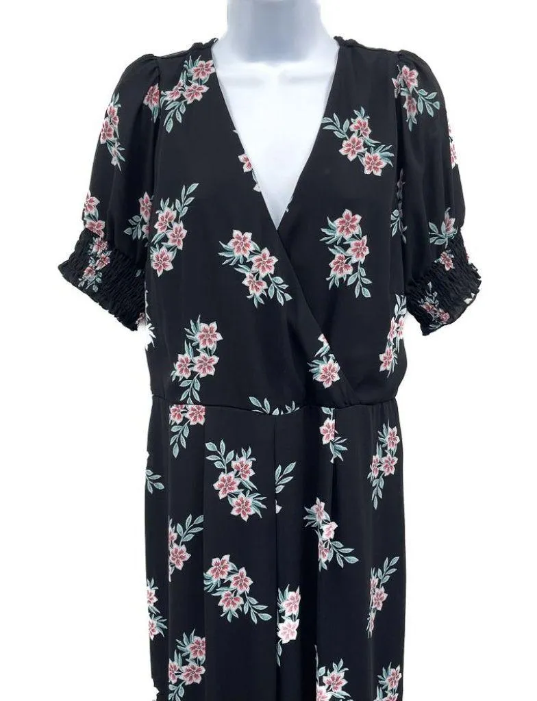 Floral Print Chiffon V Neck Smocked Sleeve Faux Wrap Jumpsuit Pants Trixxi XL - Image 3