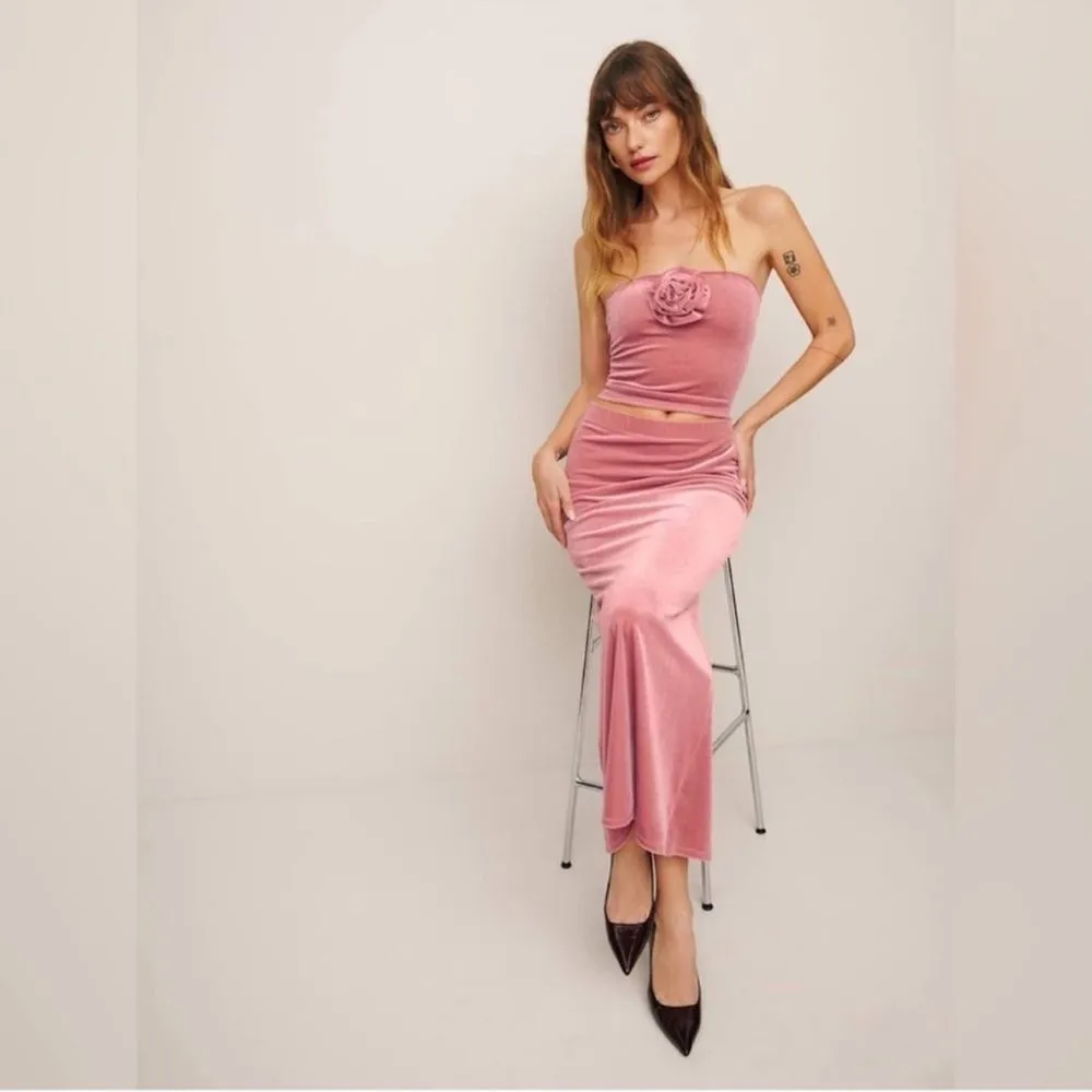 NWT REFORMATION / Adalynn Velvet Pink Maxi Skirt Size M - Image 5