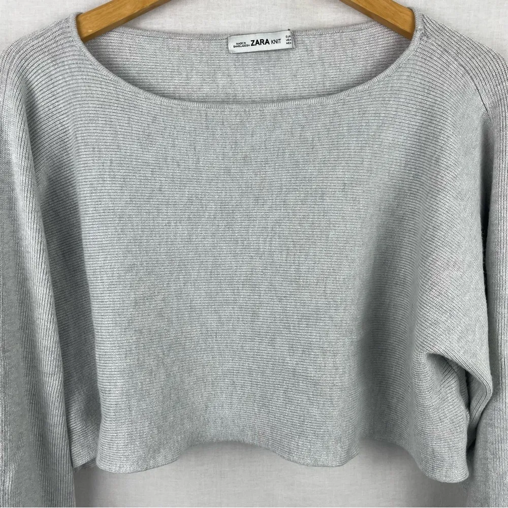 Zara Knit Grey Cropped Tie Sleeve Sweater S - Image 2