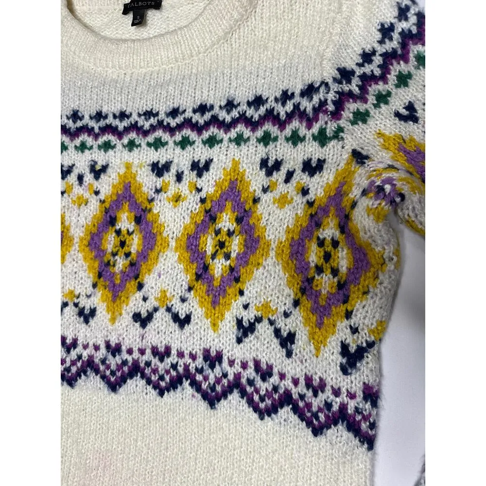 Talbots Fair Isle wool blend mockneck sweater ivory multicolor size small - Image 7