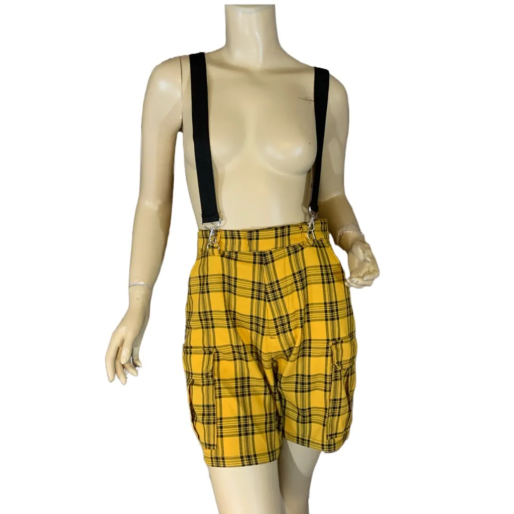 HOT TOPIC YELLOW & BLACK PLAID PLEATED FRONT CARGO SUSPENDER SHORTS (S) - Image 4