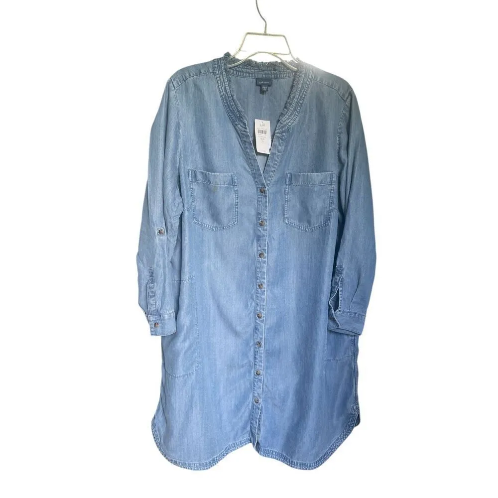 NWT JJill Lightweight Fringe Neck Button Front Denim Shirt Dress XLP Blue Size undefined - Image 3