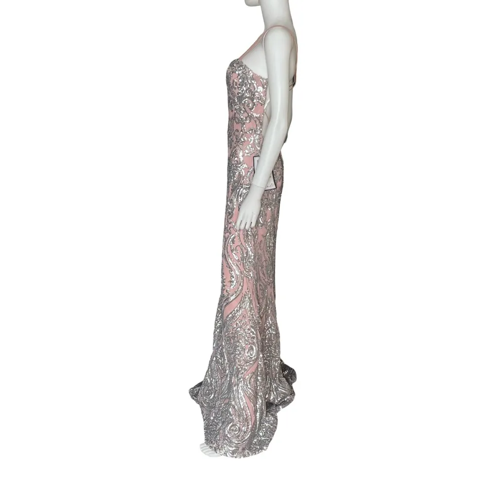 B Darlin Juniors' Sequined Open-Back Gown Pink Silver Sz L - Image 2