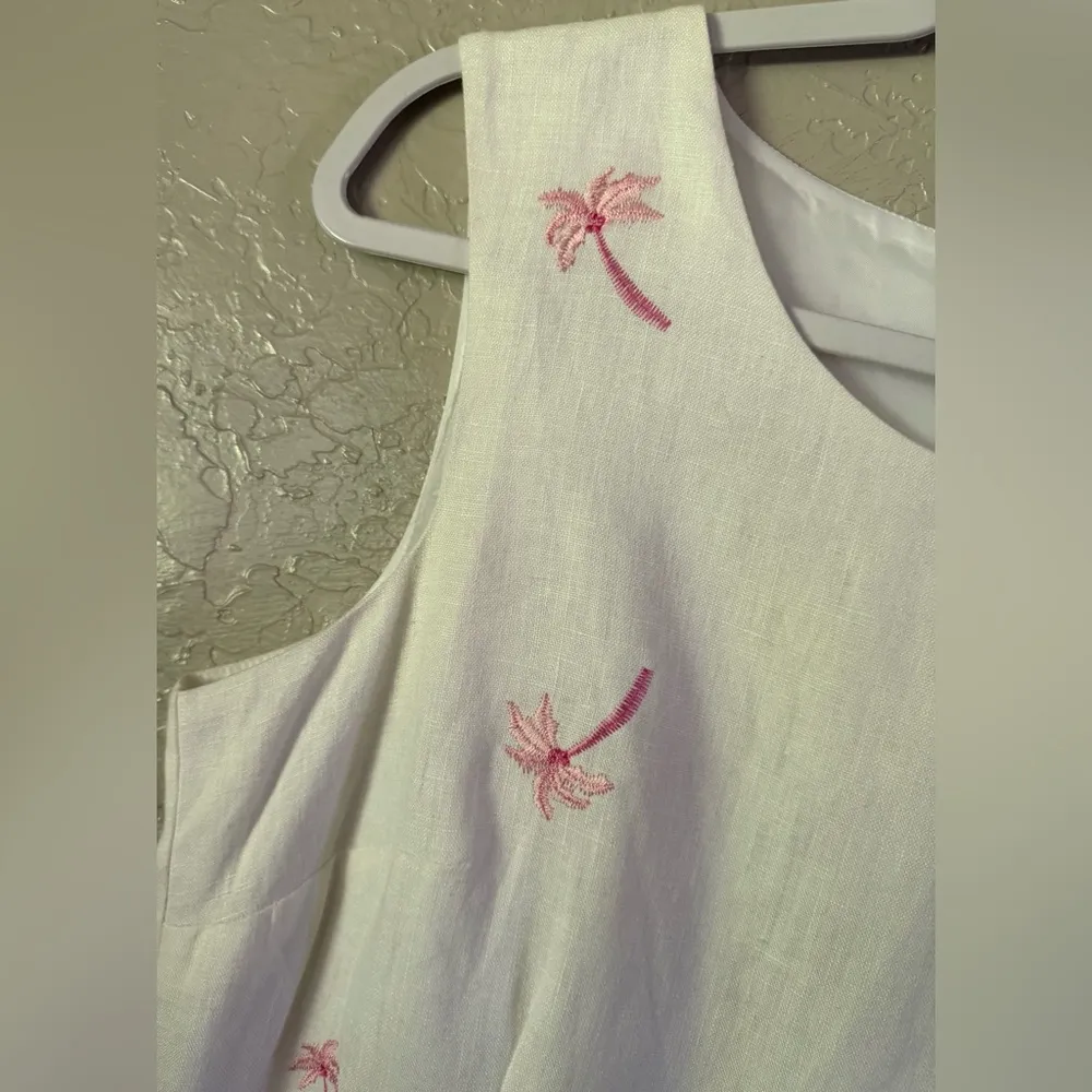 Real Comfort Linen White w/Pink Embroidered Palm Trees SL Lined Dress Size 12 - Image 3