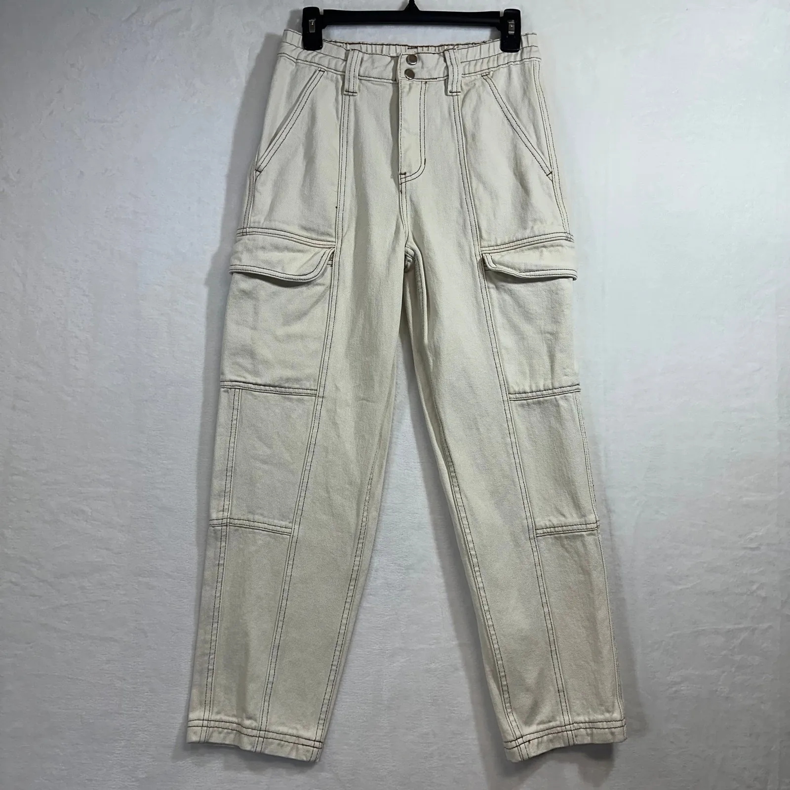 Pacsun S Elastic Waist Cargo Pant Cream Utility Straightleg Streetwear Y2K Retro - Image 2