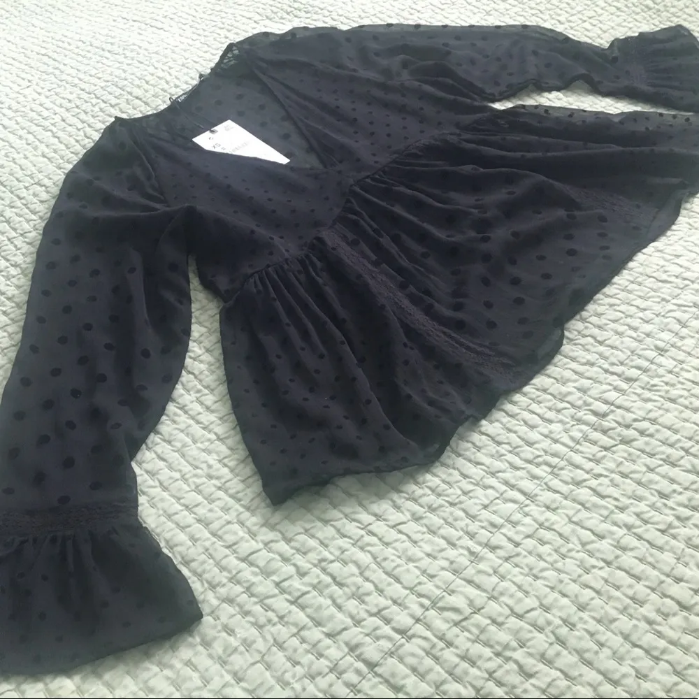 Blouse Sheer Black,black dots,long bell sleeves w/lace trim, v neck,empire waist - Image 2