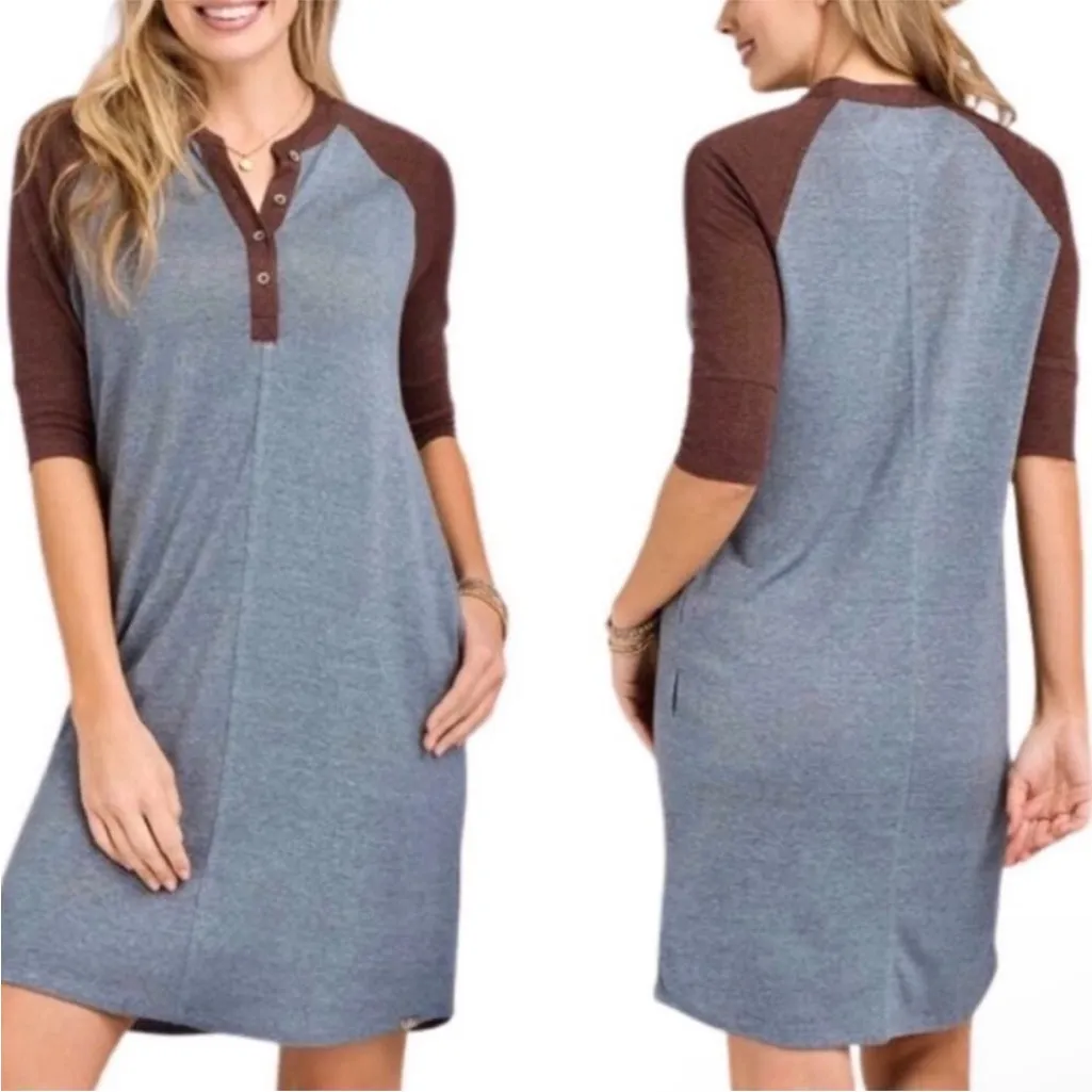 Prana Cozy Up Henley Vintage Blue Heather Raglan Half Sleeve Dress‎ Sz M Pockets - Image 2