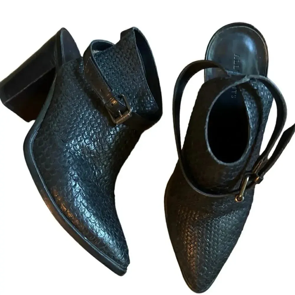 All Saints Cuban heel ankle boot, woven effect leather with back strap. 39.5 Black Size 9 - Image 4