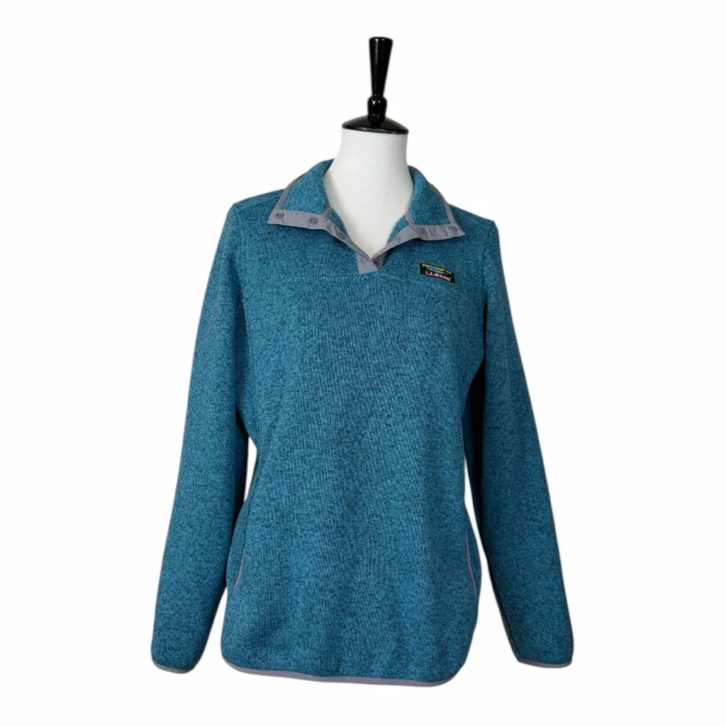 L.L.Bean Fleece Knit Pullover Quarter Snap Sweater Size Medium Teal Gray Heather Blue - Image 11