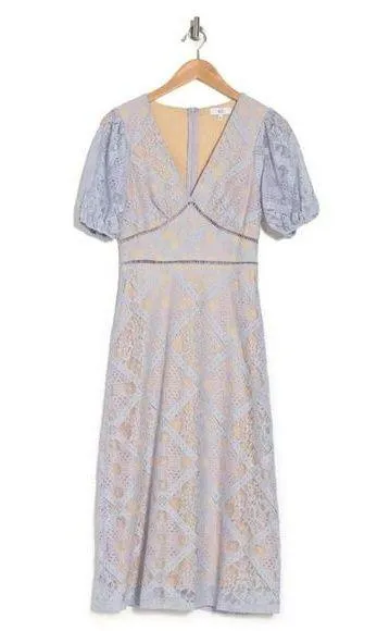 NSR Short Puff Sleeve Knit Lace Overlay Midi Dress Light Blue Cream Size S - Image 2
