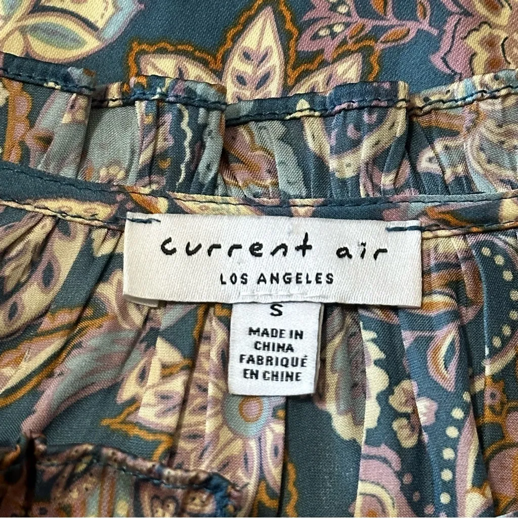 Current Air Anthropologie Sz S Teal Green Floral Printed Long Sleeve Blouse Top - Image 6