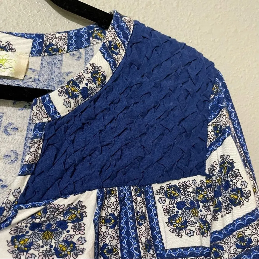 Porridge Anthropologie Blue Granny Square Printed Boho Blouse Womens S  Casual - Image 4
