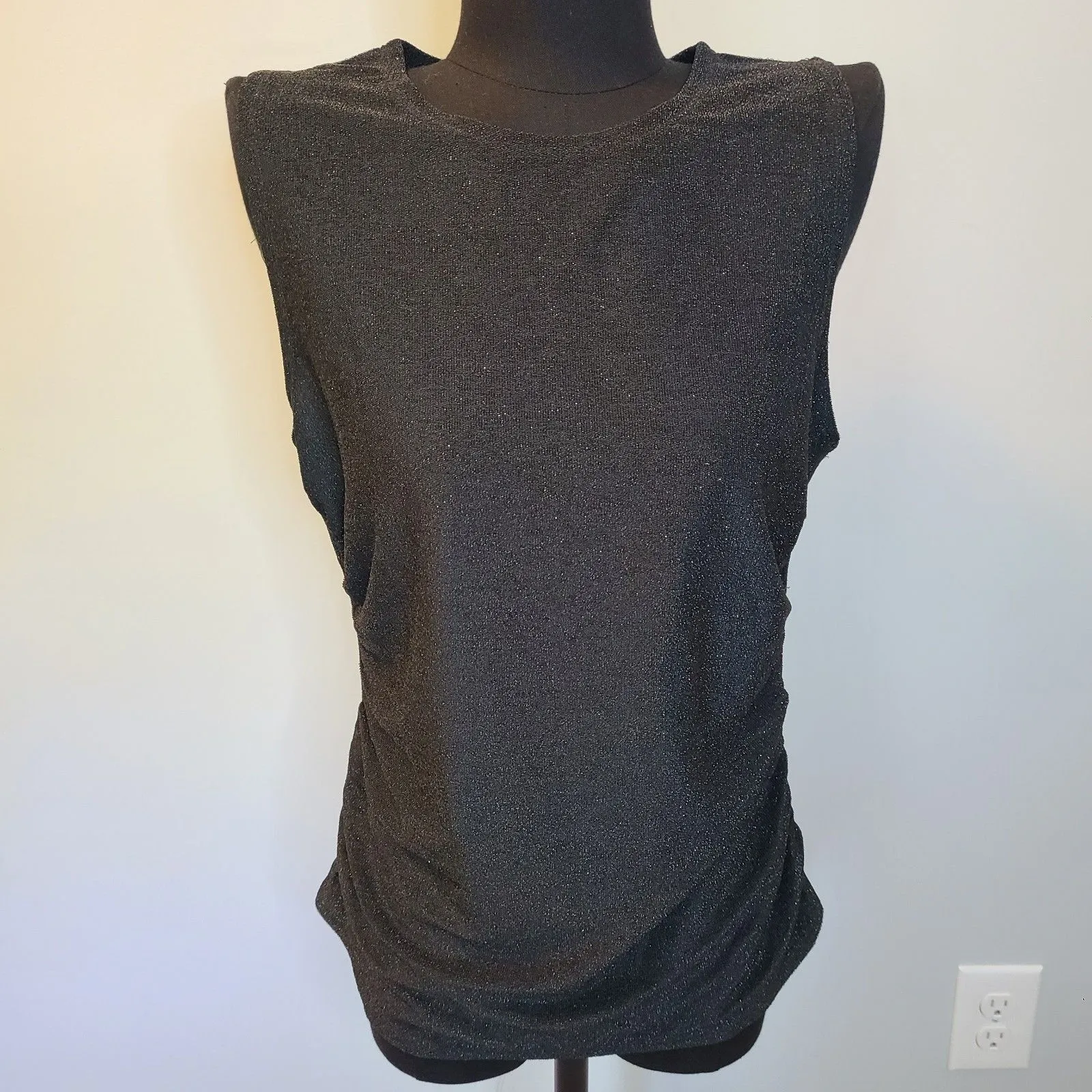 REBECCA MINKOFF Shimmer Metallic Tank Top  Med Ruched Sleeveless Black Sparkle - Image 2