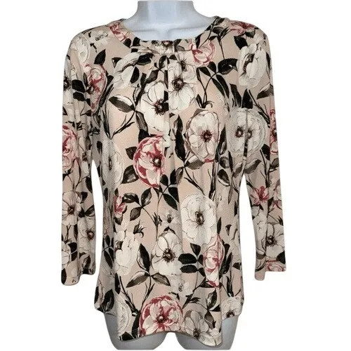 KARL LAGERFELD PARIS Vianne Floral Pleated Bow Knit 3/4" Sleeve Top‎ EUC Size XS - Image 2