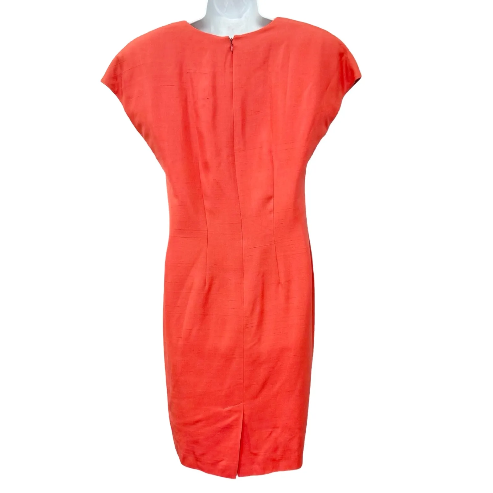 Vintage 80s Coral Pink 100% Silk Sheath Square Neck Dress size 8 Shoulder Pads - Image 3