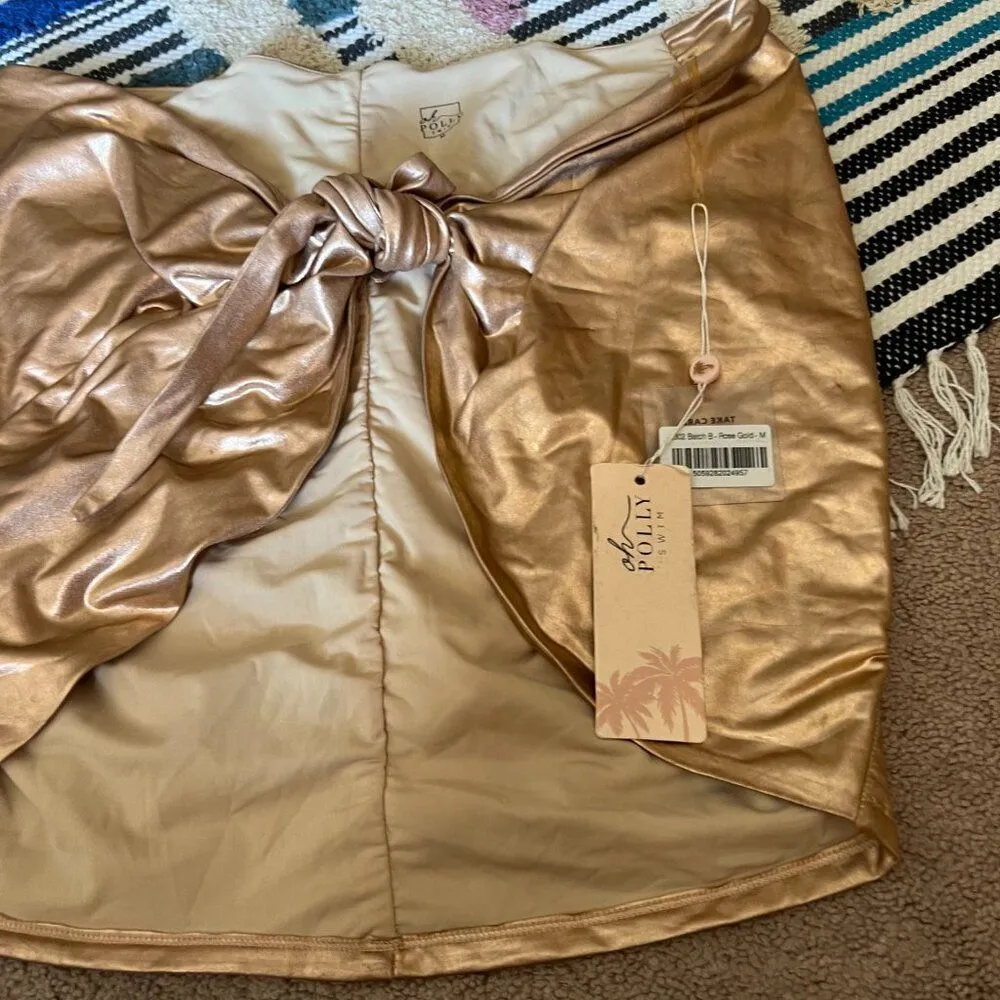 NWT Oh Polly Swim Gold Metallic Wrap Cover Skirt M - Image 6