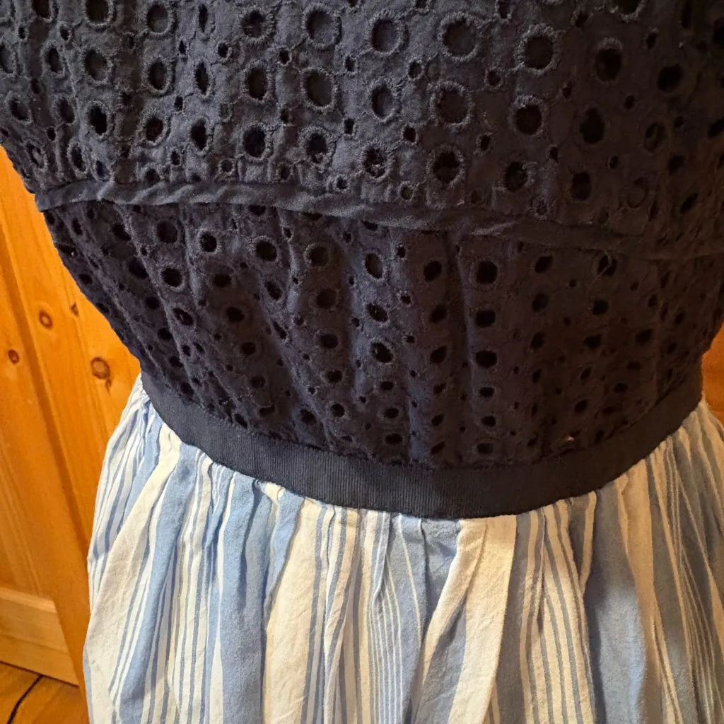 Loft Navy Blue Eyelet Chambray Striped Lined Dress - Image 3