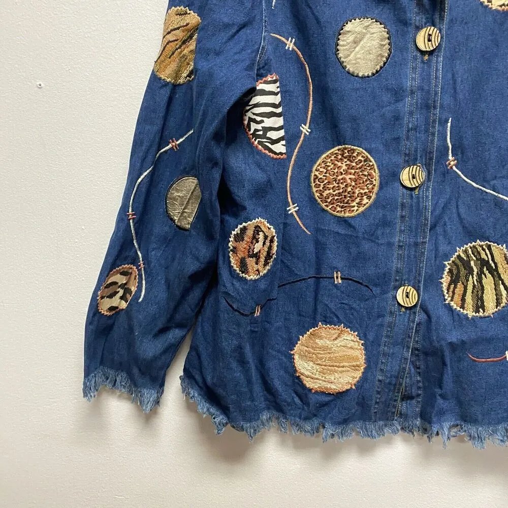Julia Kim Plus 2x Denim Shirt Patched Jacket Animal Print Art To Wear Boho 90s - Image 3