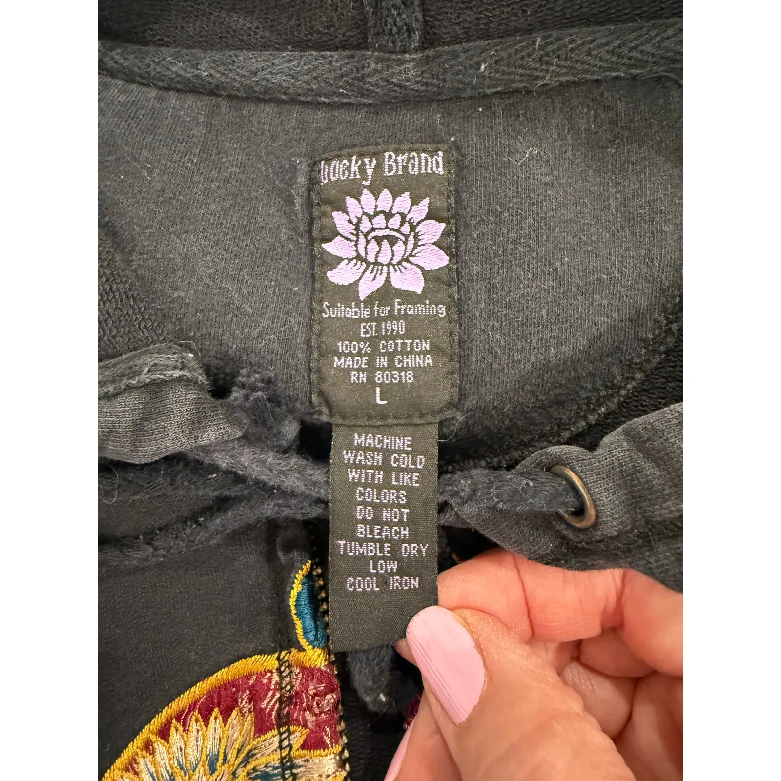 Lucky Brand Peace Sign Floral Embroidery Zip Up Hoodie Black Women's Size Large - Image 10