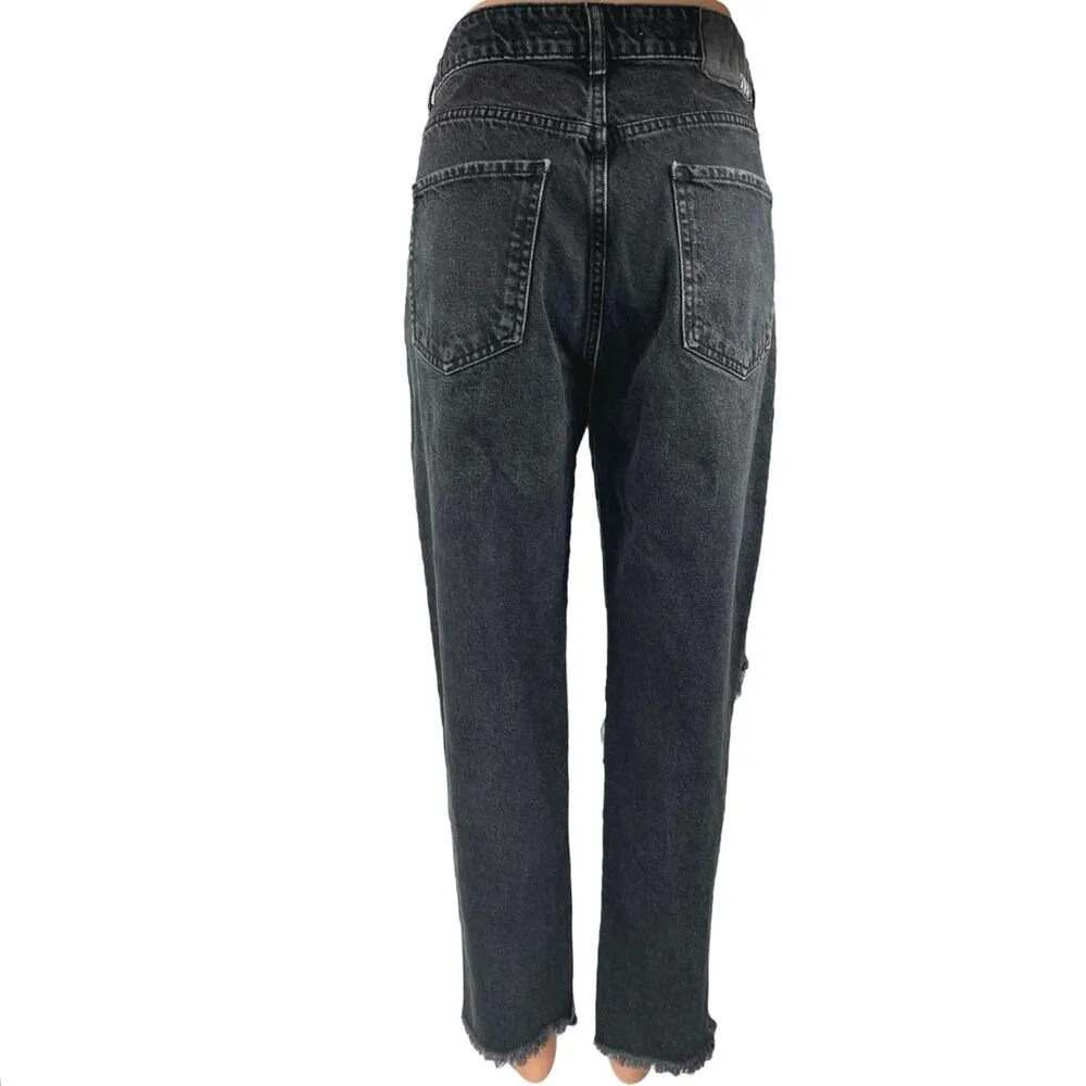 Zara Women's Black High Waisted Distressed Raw Hem Straight Denim Jeans Size 10 - Image 3