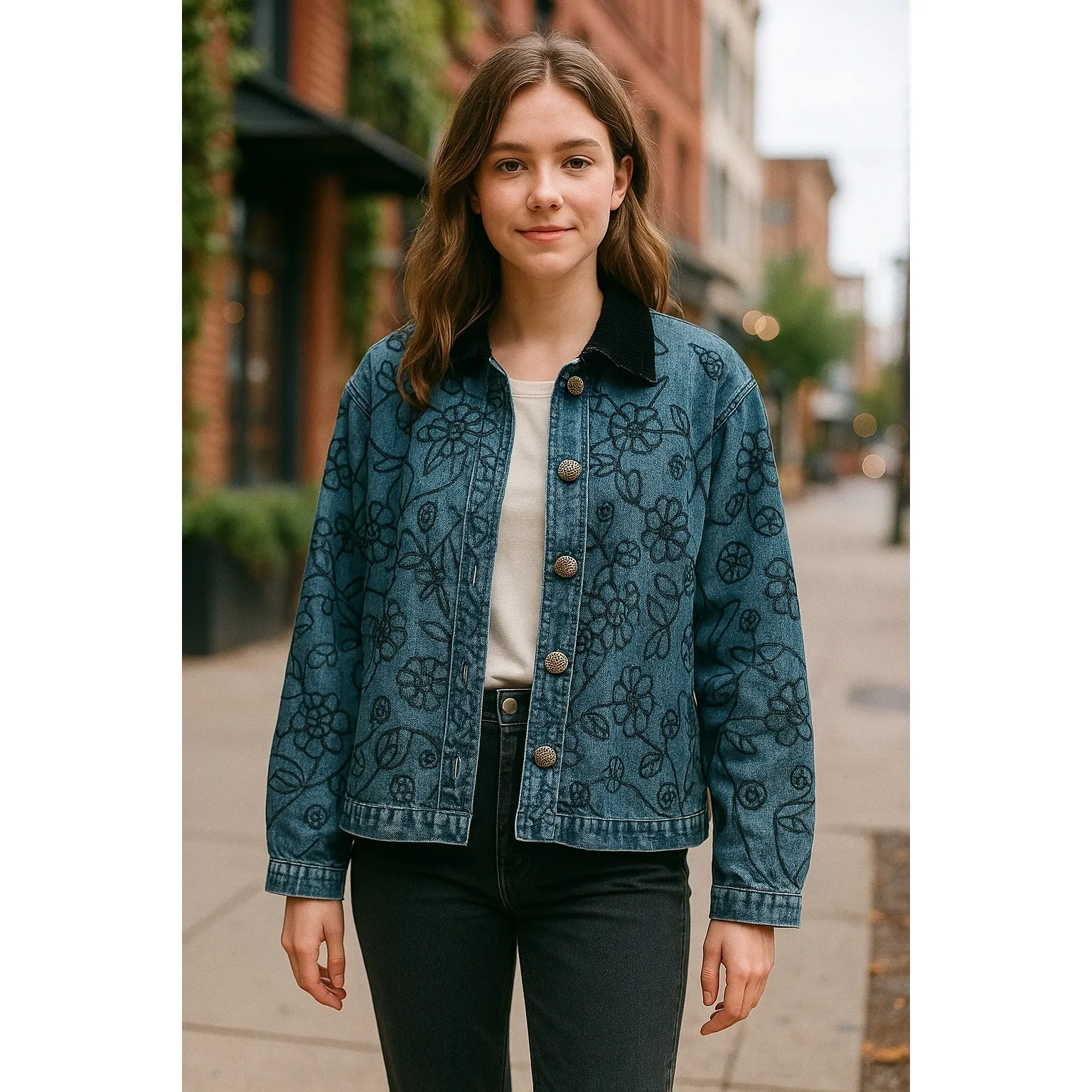New Direction Denim Floral Embroidered Jacket Size M Blue Size M - Image 2
