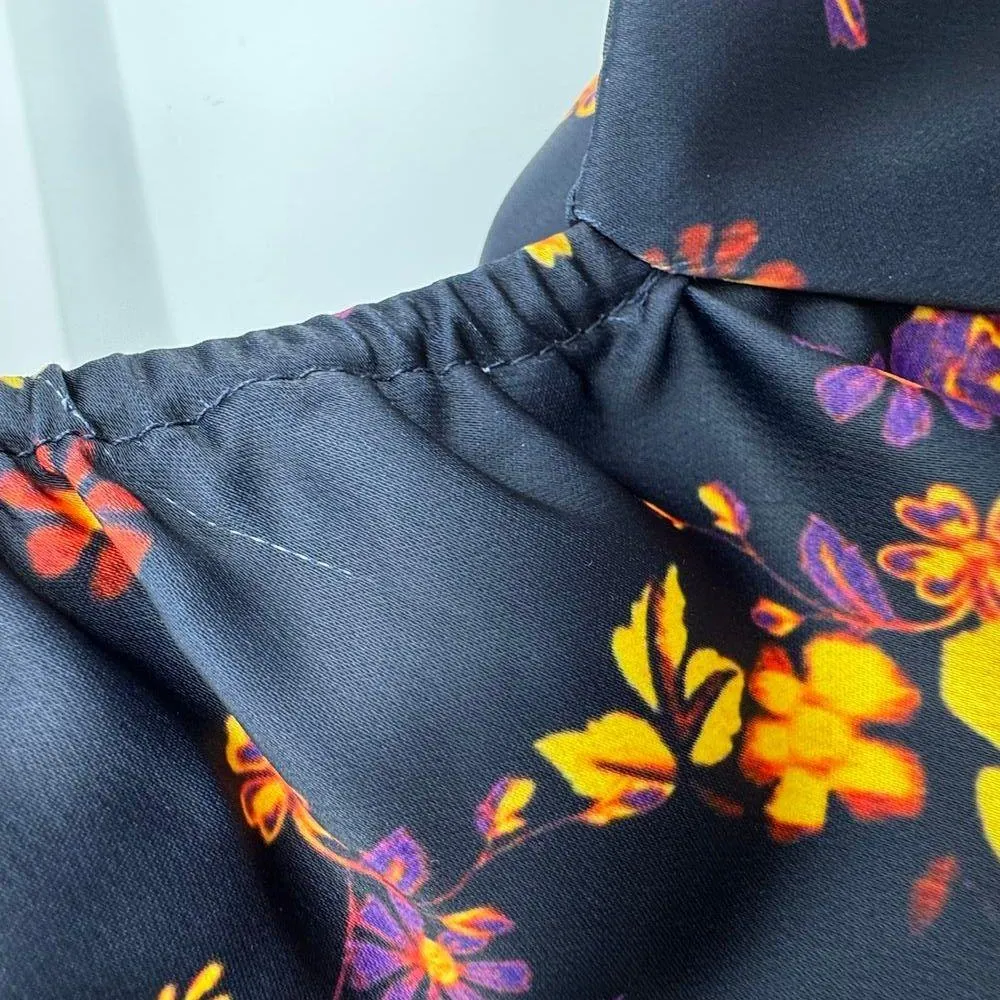 C/MEO Collective mini satin dress large bishop sleeves square neck blue floral - Image 11