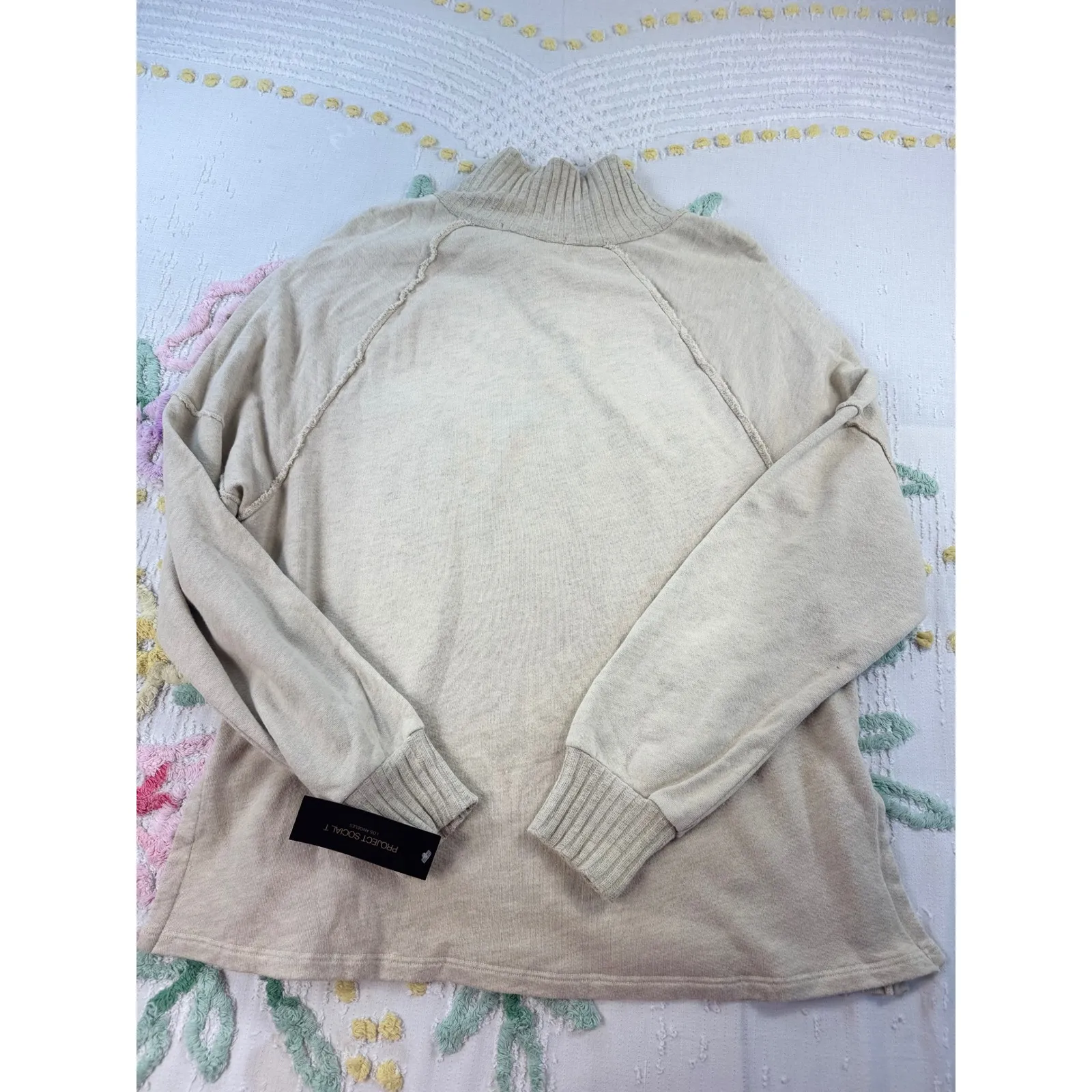 Project Social T Beige Ribbed Collar Quarter Zip Pullover Sweatshirt Small - Image 8