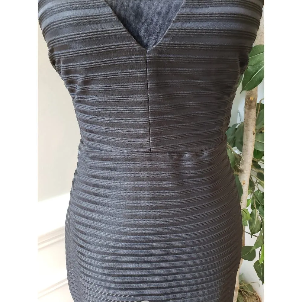 Haute Monde Sheath Dress Womens L Black Mesh Striped Lined Deep V Neck Back Zip - Image 10