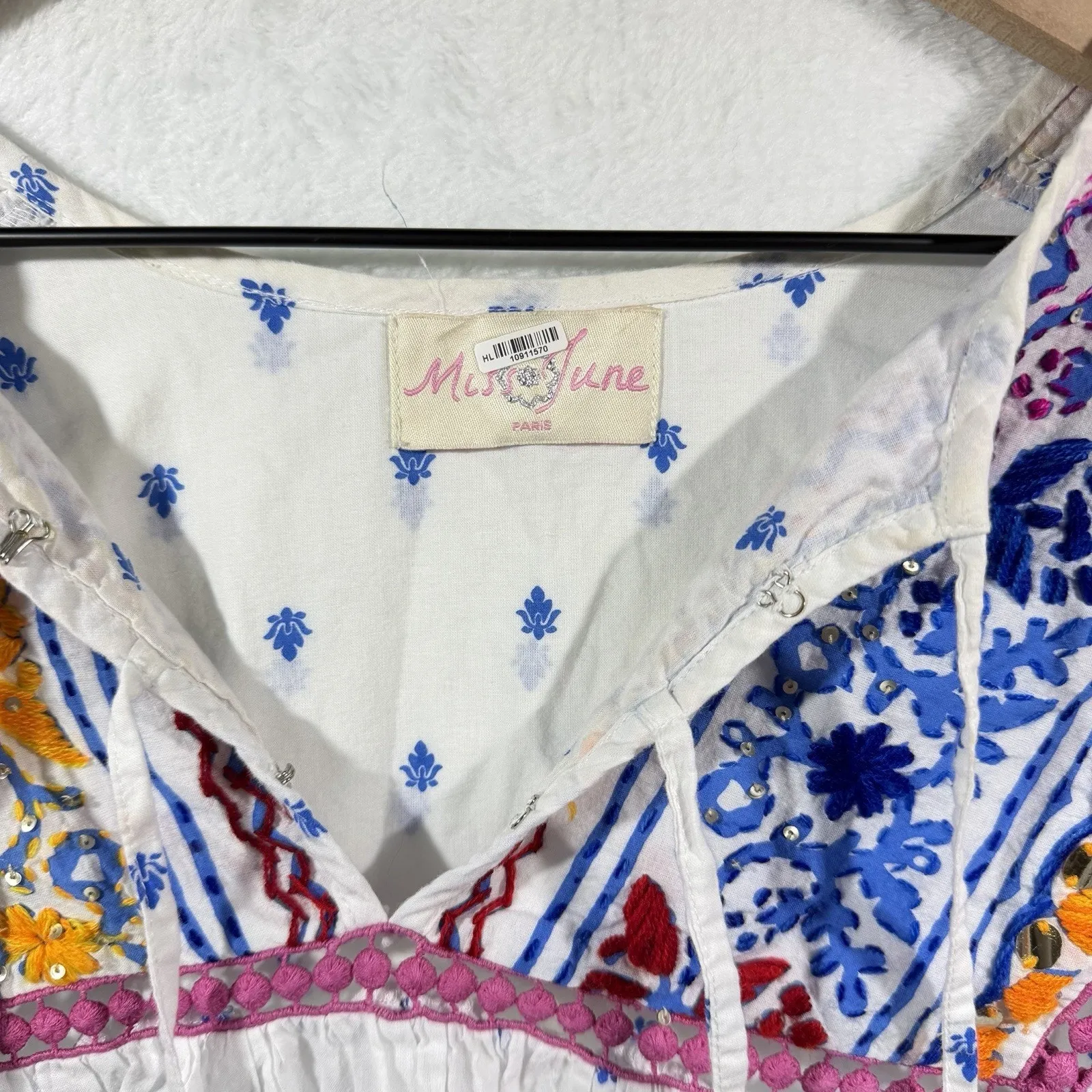 Miss June White Blouse Multicolor Embellishments 100% Cotton Boho Size undefined - Image 3