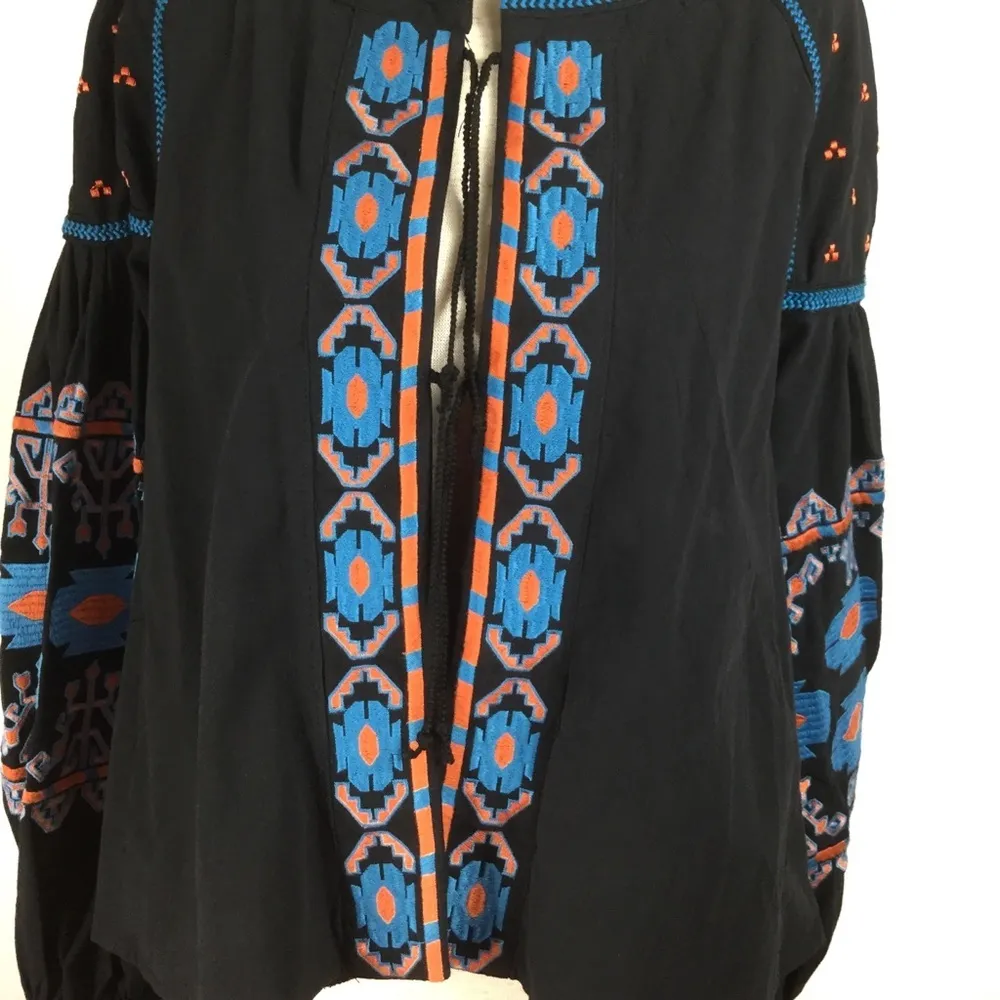 Puff sleeve embroidered boho tie front jacket top Black Size M - Image 8