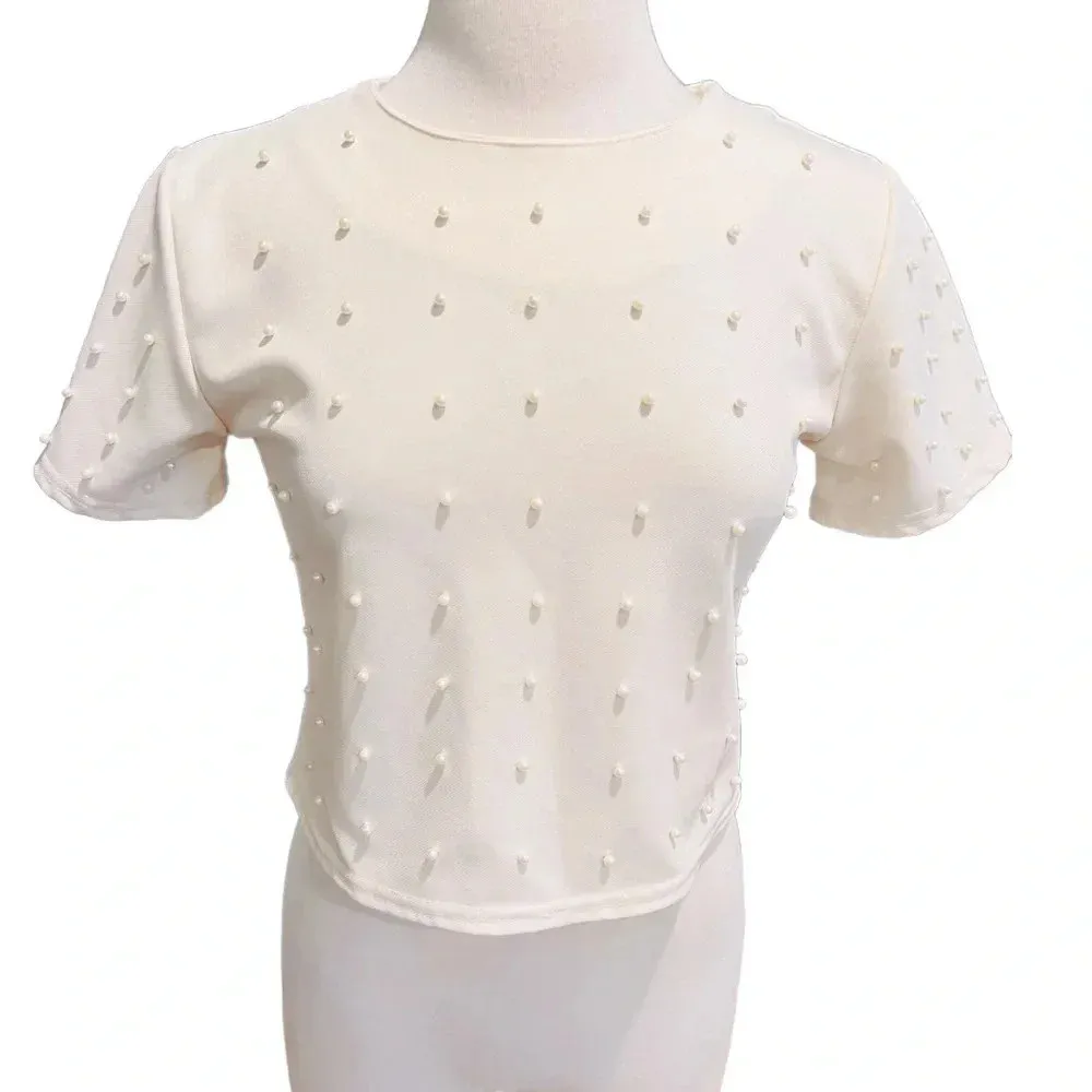 Snidel Cropped Top Pearl Appliqué Beige Size M Size M - Image 3