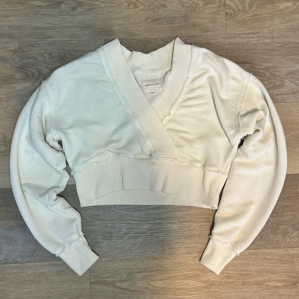 American Eagle Cream Wrap-Front Cropped Sweater - Image 3