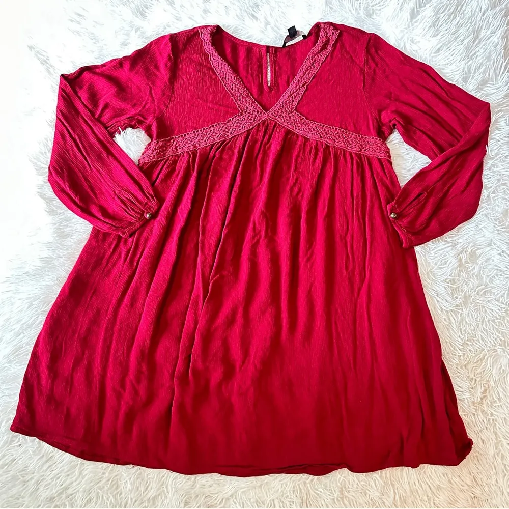 Suzanne Betro Boho Lace Trim Dress Red Textured Long Sleeve Size Large - Image 10