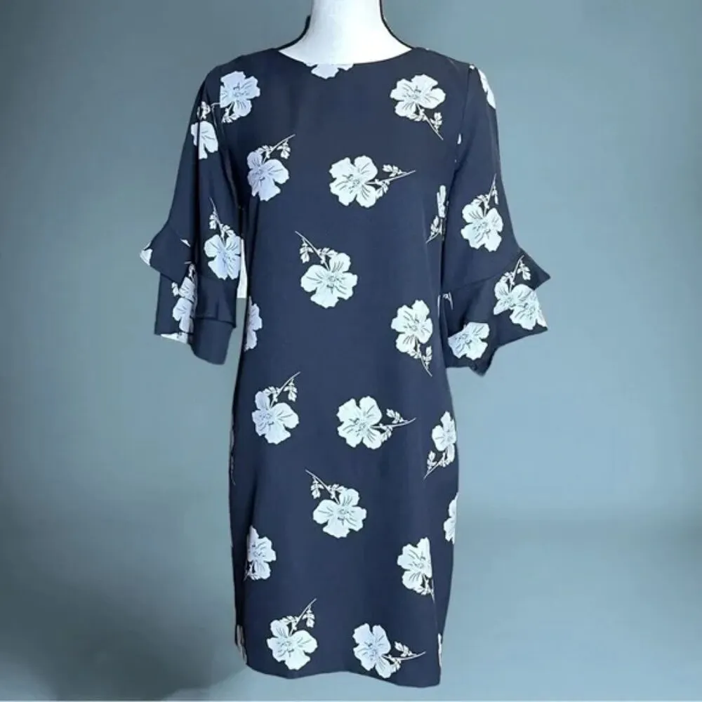 Banana Republic Navy Blue White Frills Ruffle Sleeves Floral Midi Dress - Image 3