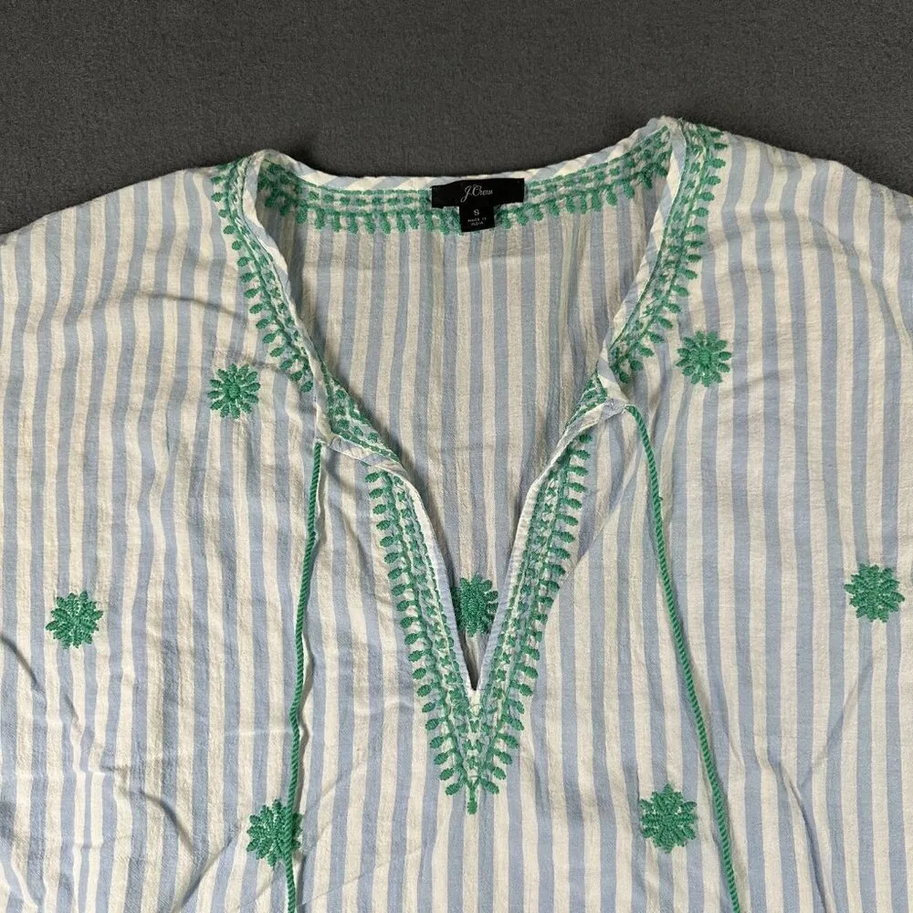 J Crew Tunic Cover Up Womens Small Striped Tassel Trim Embroidered Boho Beach Blue - Image 6