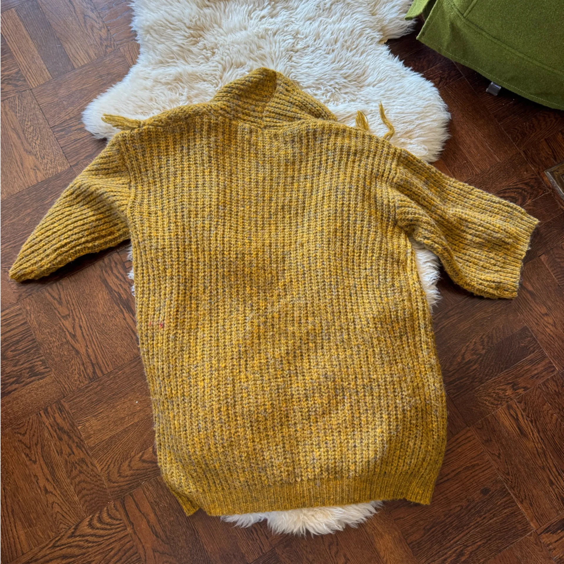 ANTHROPOLOGIE Stevie Fringed Marled Knit Kimono Cardigan Mustard Yellow Gray - Image 6