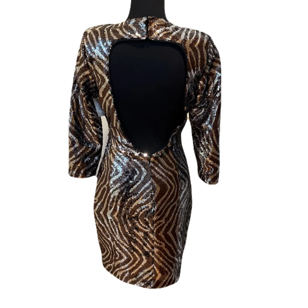 GUESS Sequin Bodycon Dress Sz 4 Brown Bronze Gold Silver V-Neck Party Cocktail - Image 3
