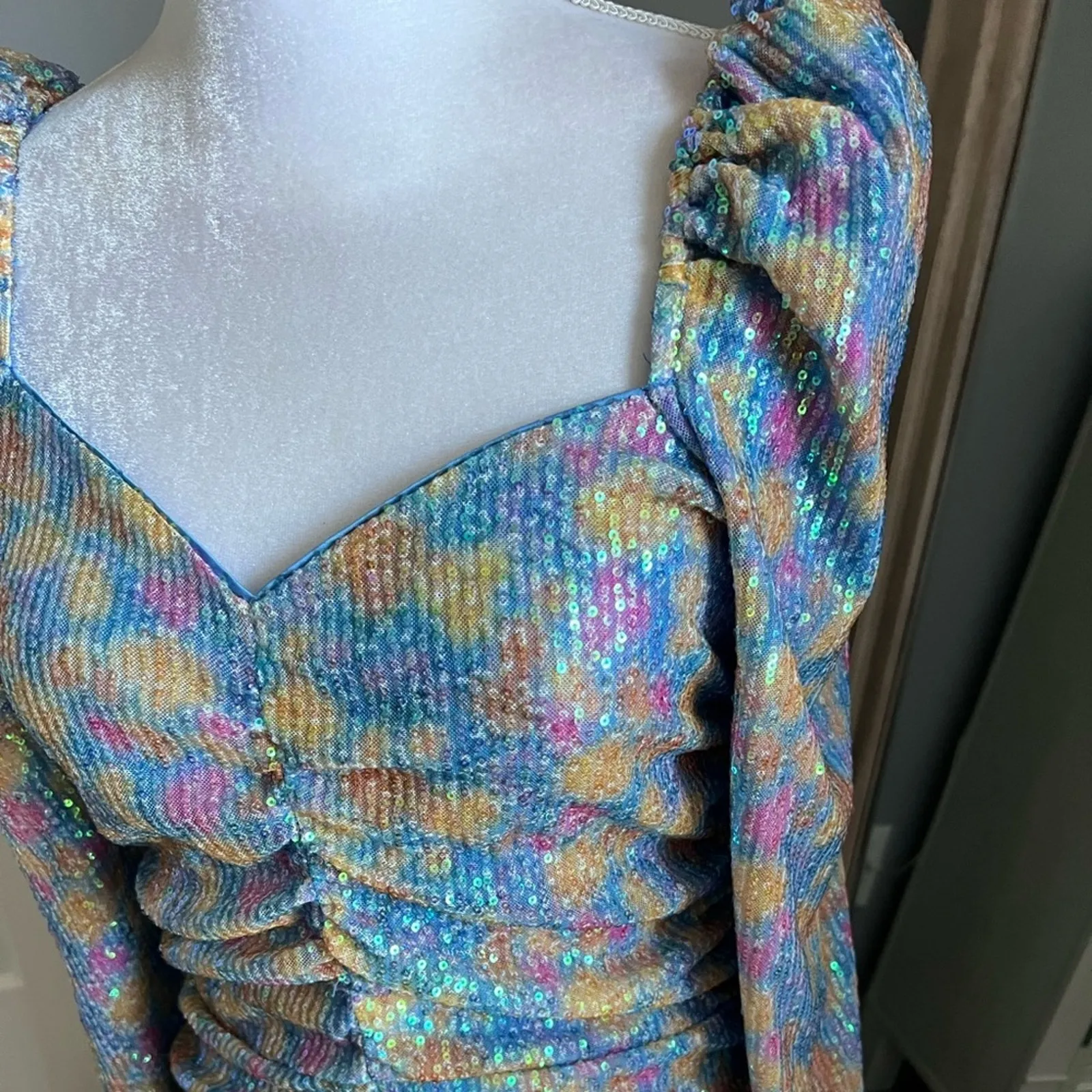 SAYLOR Multicolour Sequin Ruched Bodycon Dress Small Long Sleeve Mini - Image 6