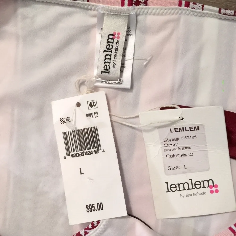 Lemlem Neela Side Tie Pink And Burgundy Bikini Bottom Size Large - Image 3