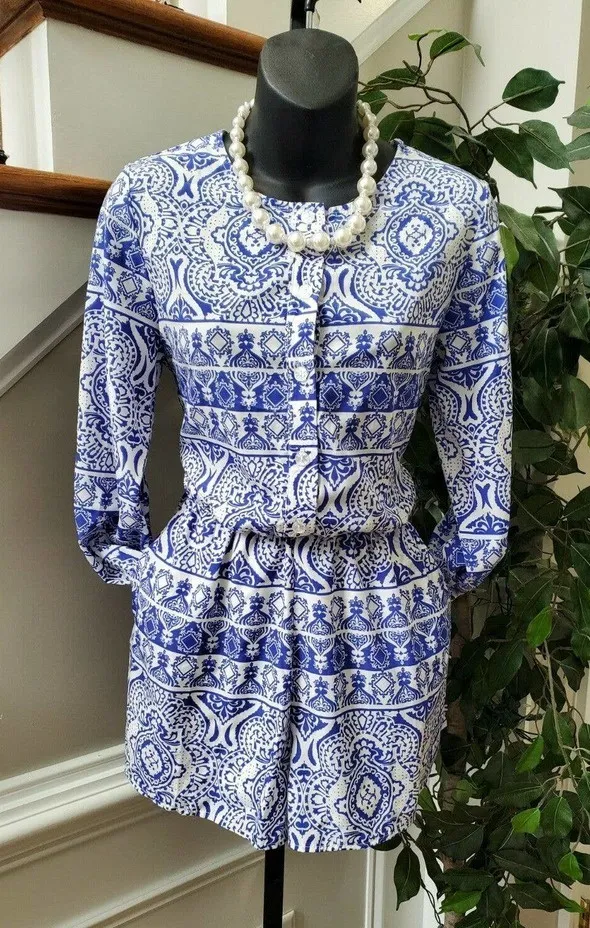 Boutique Freeway Women's Blue & White Polyester Long Sleeve Round Neck Romper S - Image 1