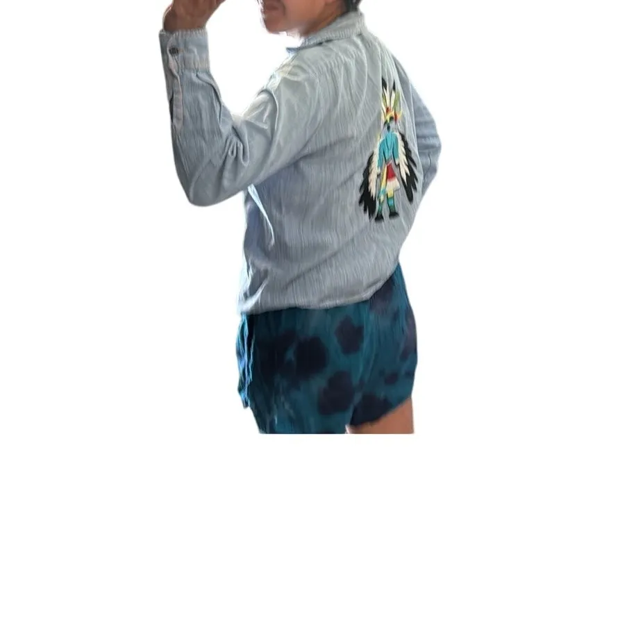 Vintage Saddlehorn denim like cotton embroidered southwestern button up size M Blue Size M - Image 11