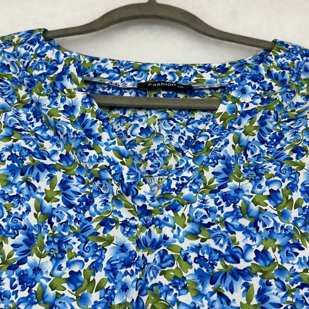 Plus Size Women's Ditsy Floral Petal Sleeve Summer Shirt Sz XXL White - Image 2