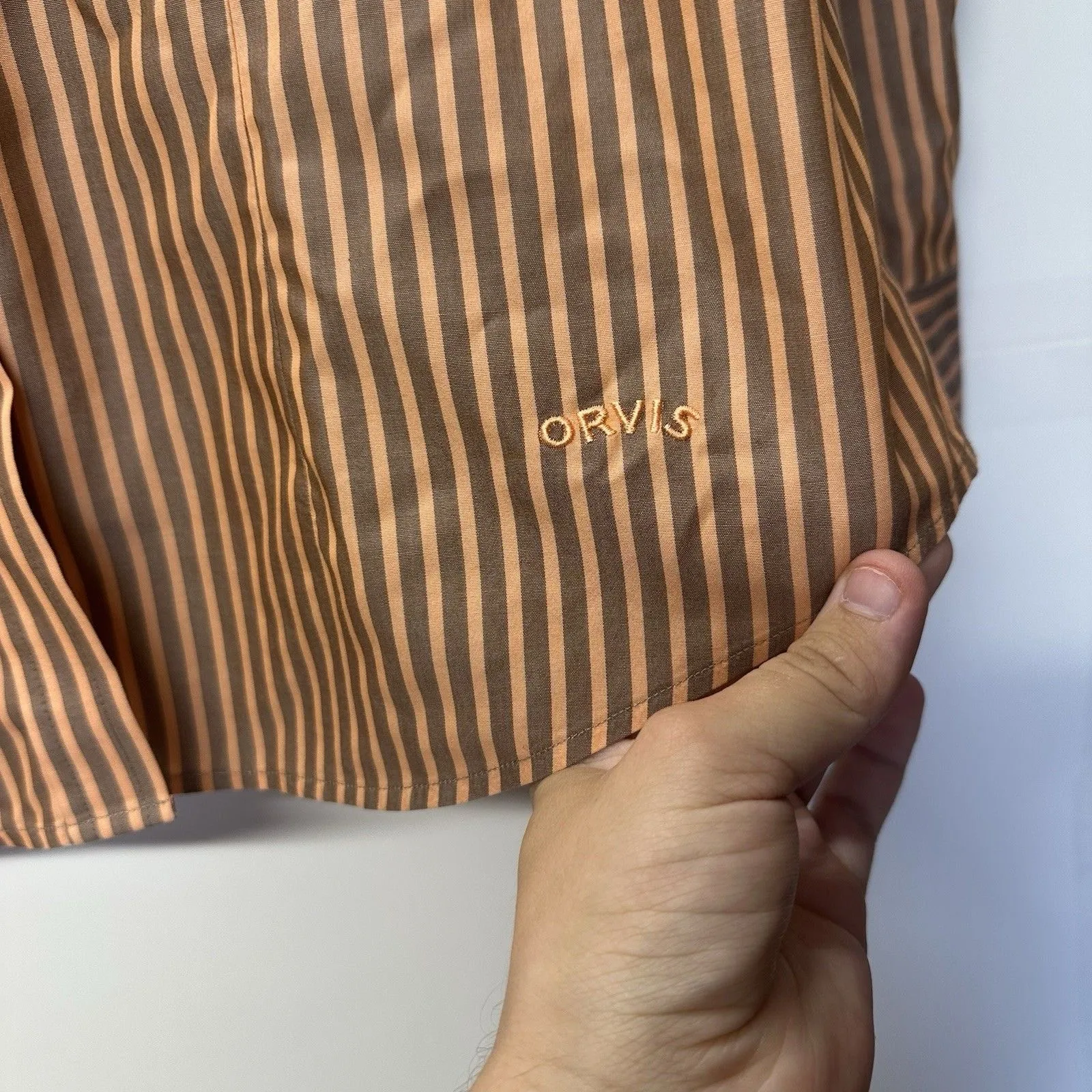 Orvis Women’s Shirt Size 10 Wrinkle Free 100% Cotton Peach striped button down - Image 4