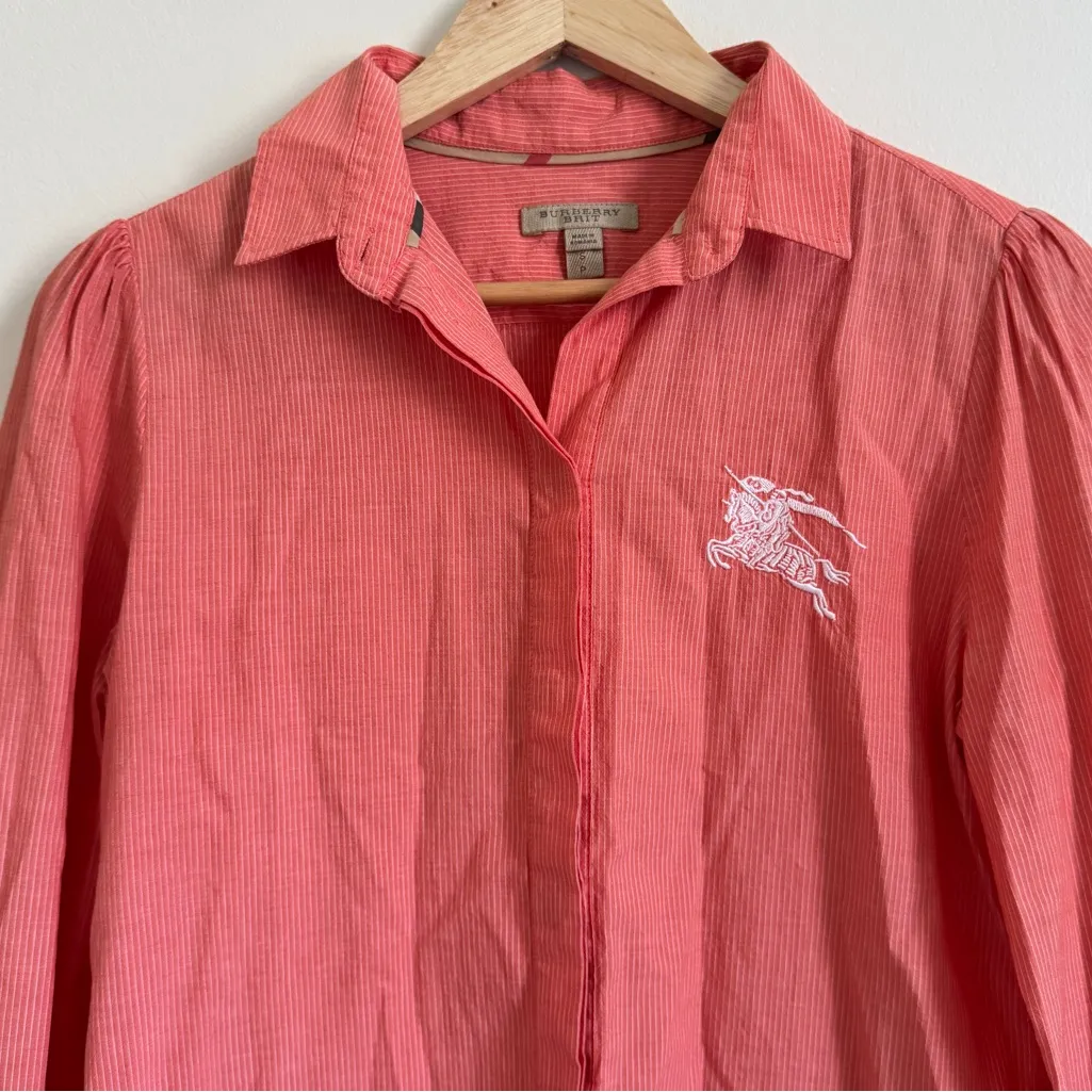 Burberry Women’s Striped Button Down Shirt Size Small Orange Top - Image 3