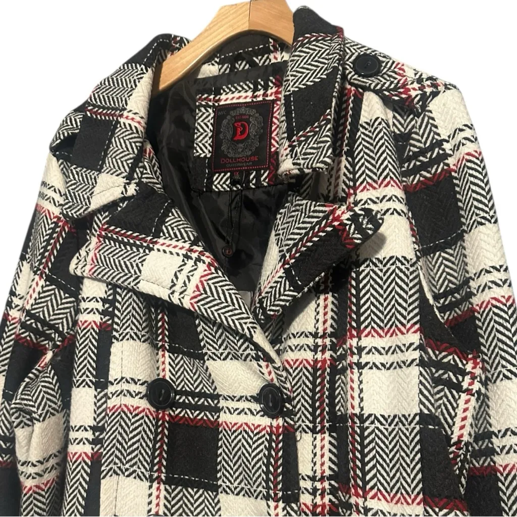 Dollhouse Outerwear NYC 1X Black White Red Double Plaid Tweed Breasted Coat - Image 3