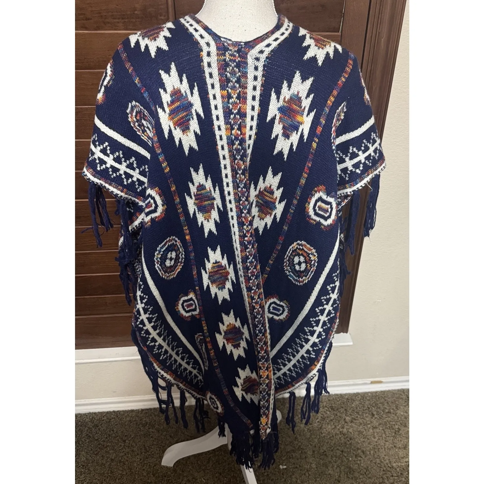 Hipster Row Tribal Aztec Sleeveless Poncho OS Navy Blue Southwest Sweater Boho Size undefined - Image 6
