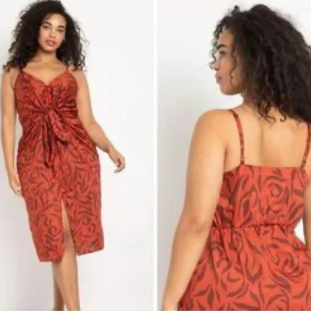 Eloquii Burnt Orange Stripe Sleeveless Tie Front Printed Midi Dress Size 18 - Image 5